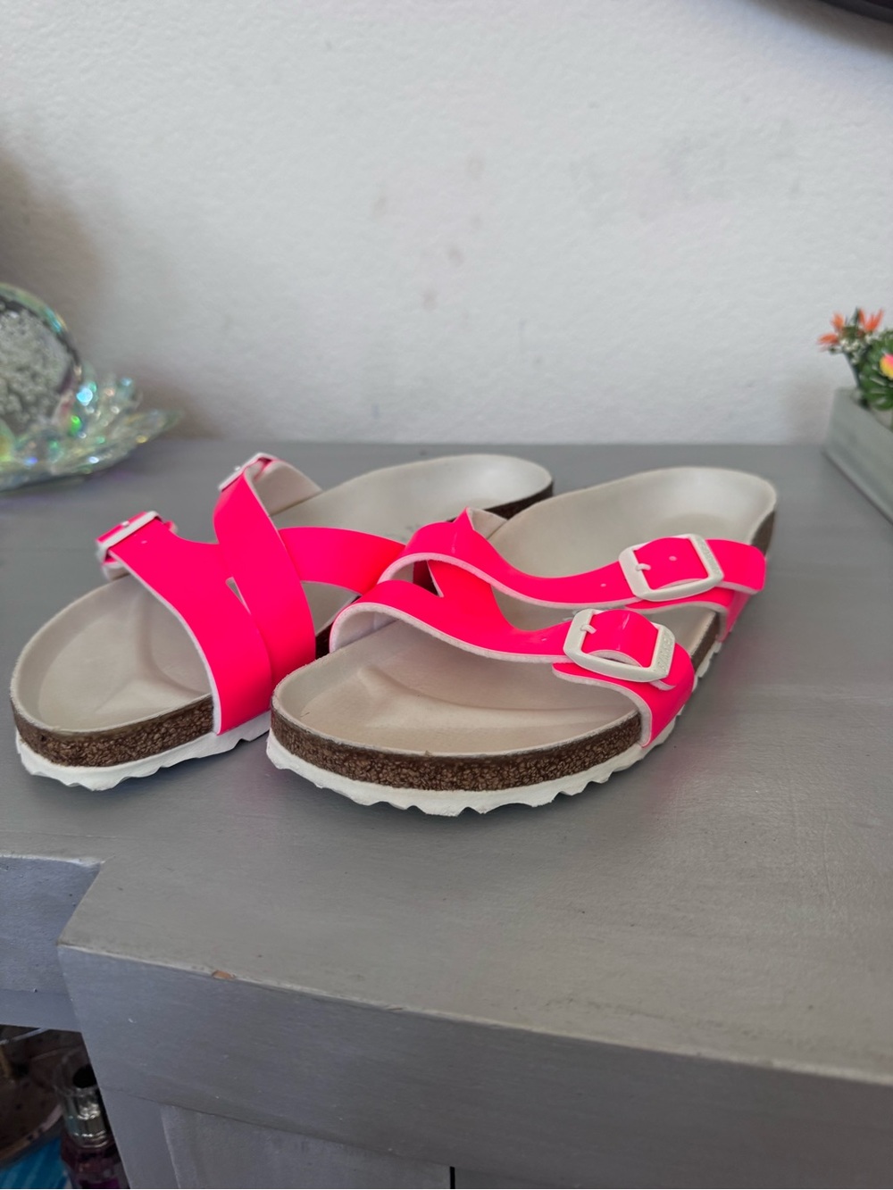Birkenstock Neon Pink Double Buckle Cork Footbed Sandals
